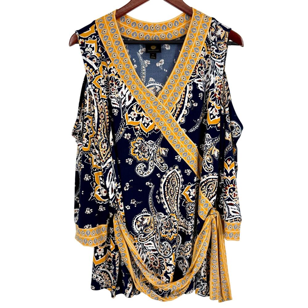 NEW NWOT JM Collection Plus Size 2X Blue Yellow Stretchy Formal Blouse Shirt Top
